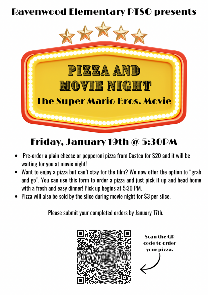 Friday, January 19th at 5:30pm. Pre-order a cheese or pepperoni pizza for $20. Use the QR code provided to order.