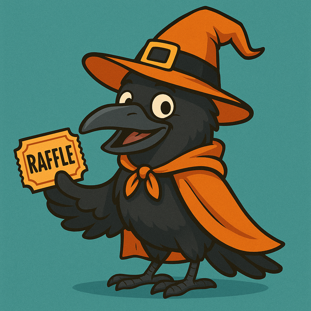 A raven holding a raffle ticket and wearing a costume